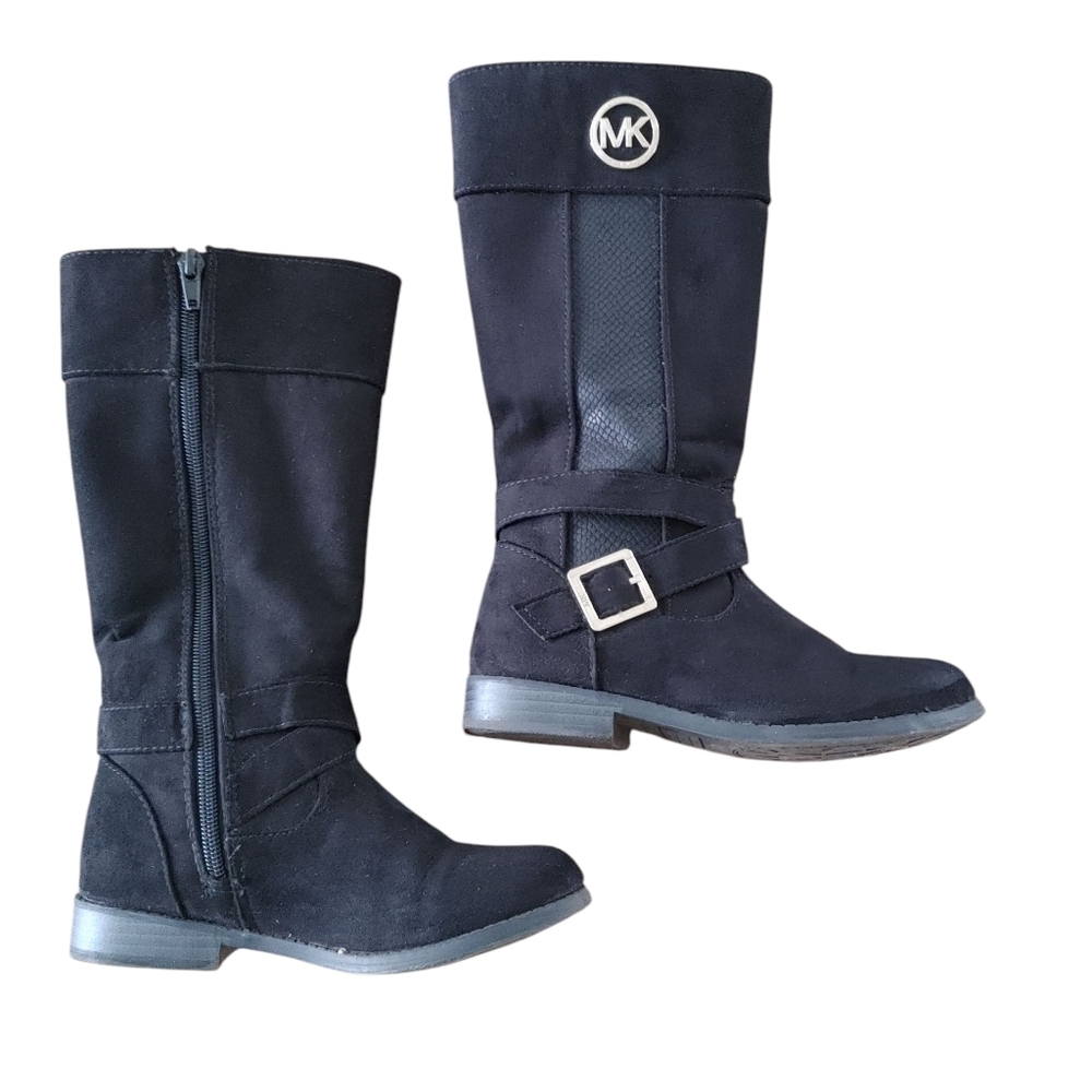 Girls Black Suede Michael Kors Koran Tall Boots W/ Gold Logo & Ankle Strap